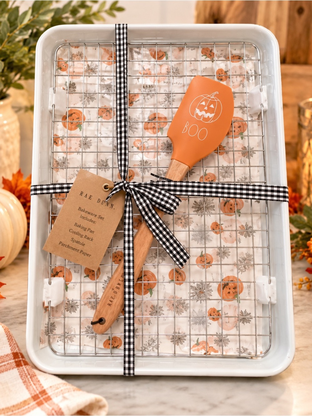 NEW Rae Dunn Baking Set With Baking Pan, Spatula And Group of Fall Parchment Pap